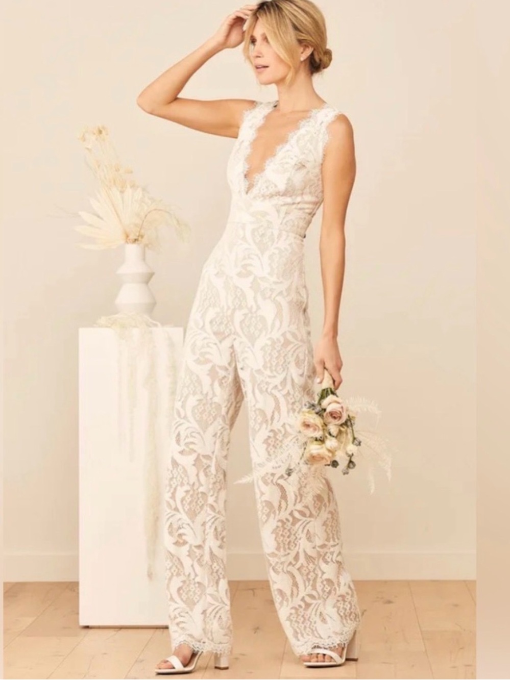 Lulu's Enamored with You Lace V-Neck Wide-Leg Jumpsuit